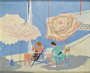 Sonnenschirme am See, um 1934